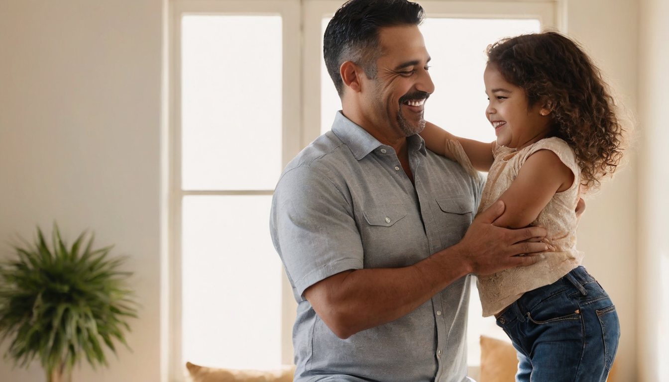 Happy father lifting his laughing young daughter at home, representing financial planning for a family's future